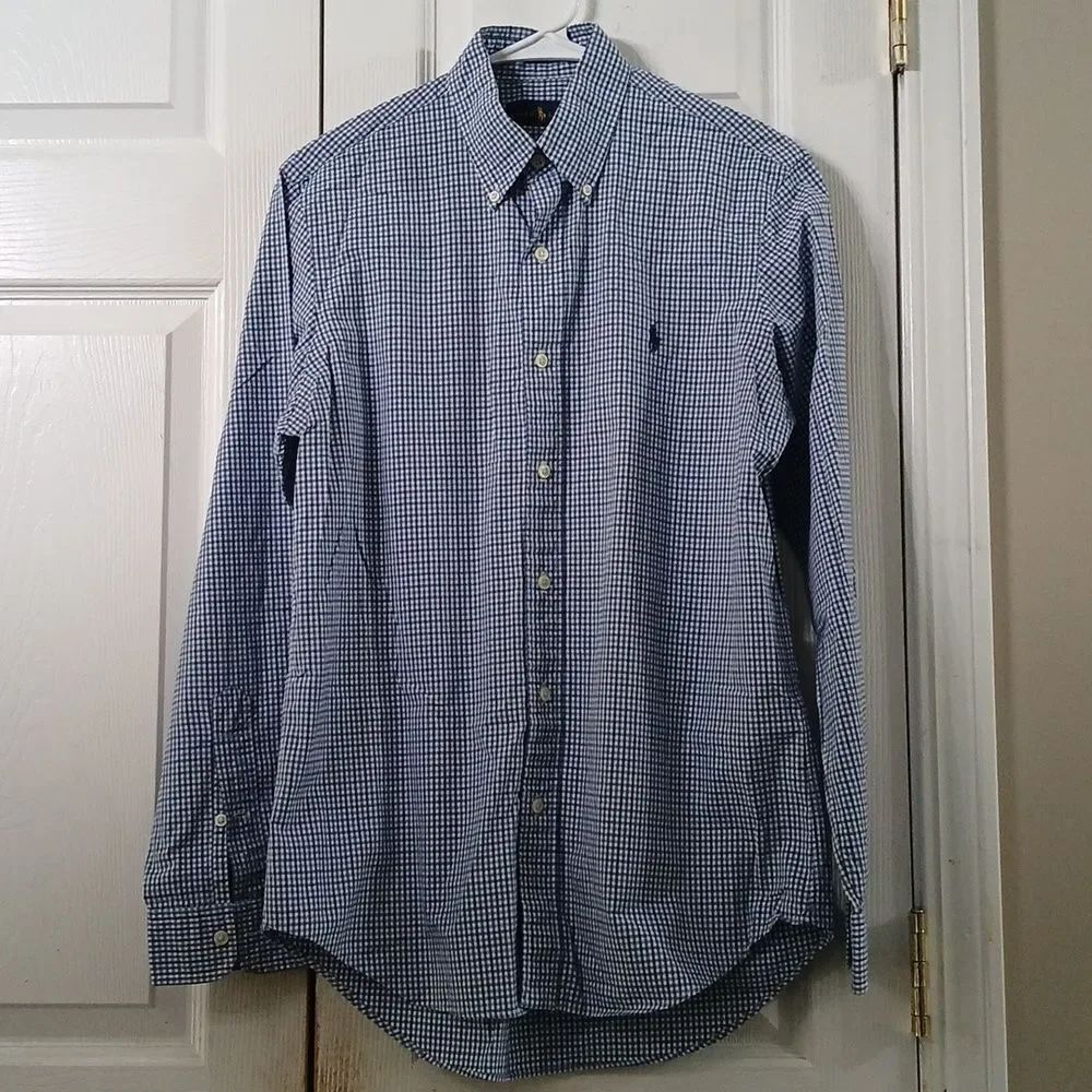 Ralph Lauren blue white gingham button down long sleeve dress shirt Sz S NWOT